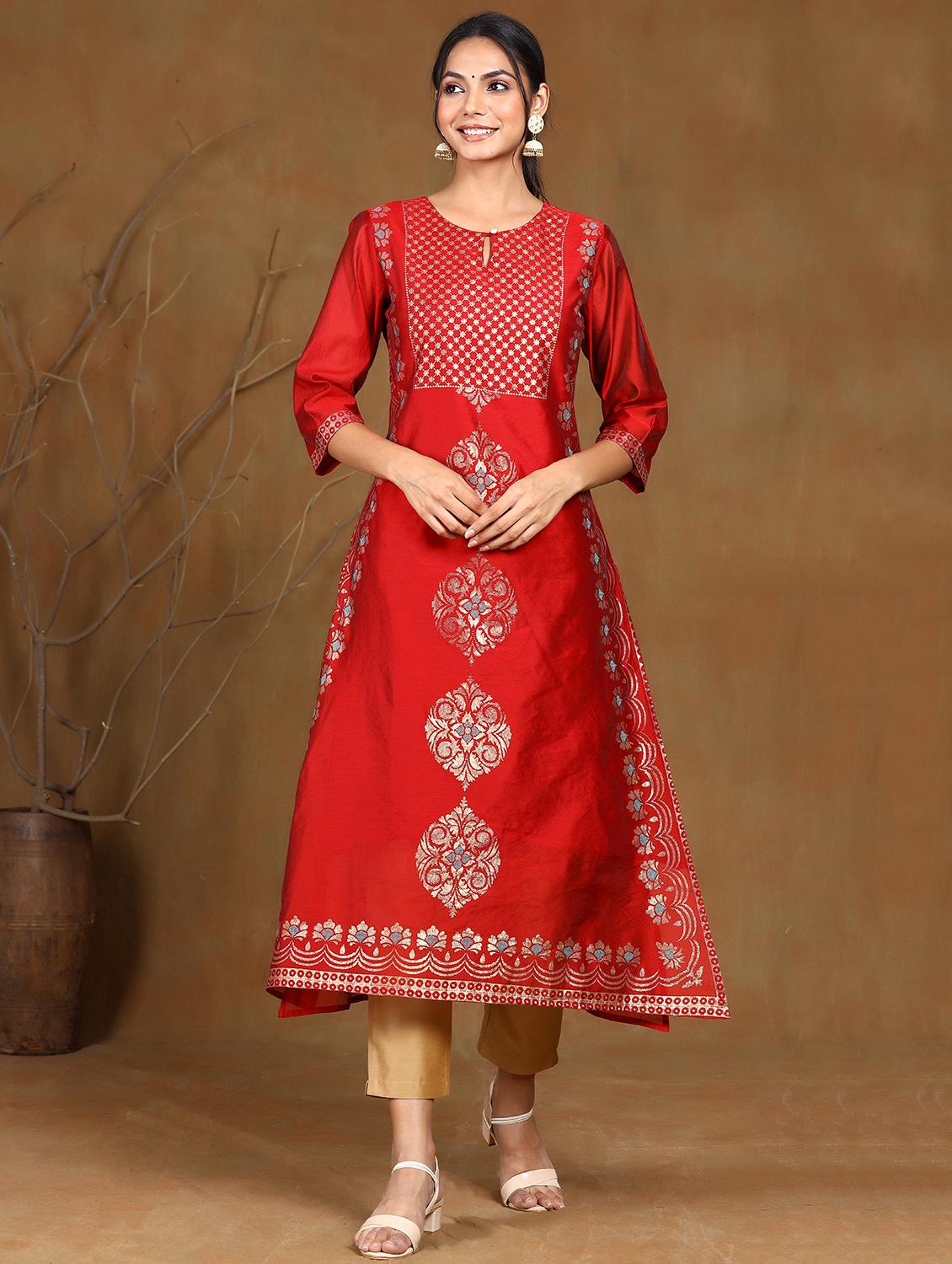 maroon chanderi a-line kurta - 17948117 - Zoom Image - 1