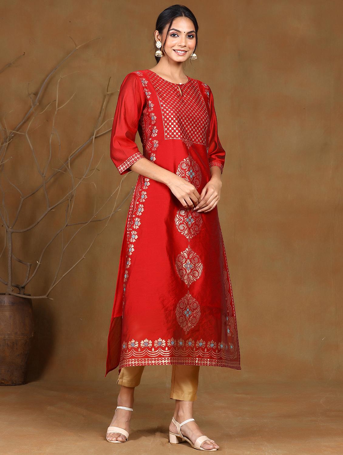 maroon chanderi a-line kurta - 17948117 - Zoom Image - 2