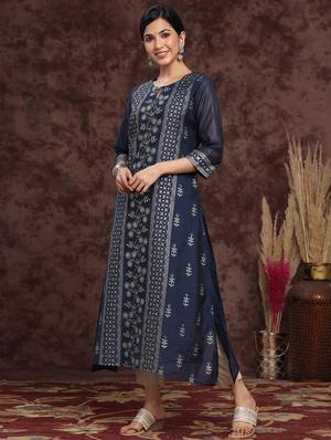 indigo chanderi straight kurta - 17948119 - Standard Image - 2