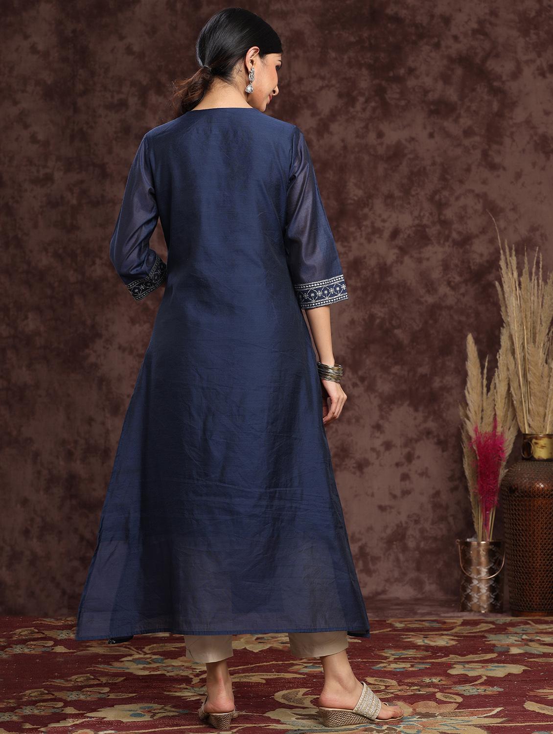 indigo chanderi straight kurta - 17948119 - Zoom Image - 3