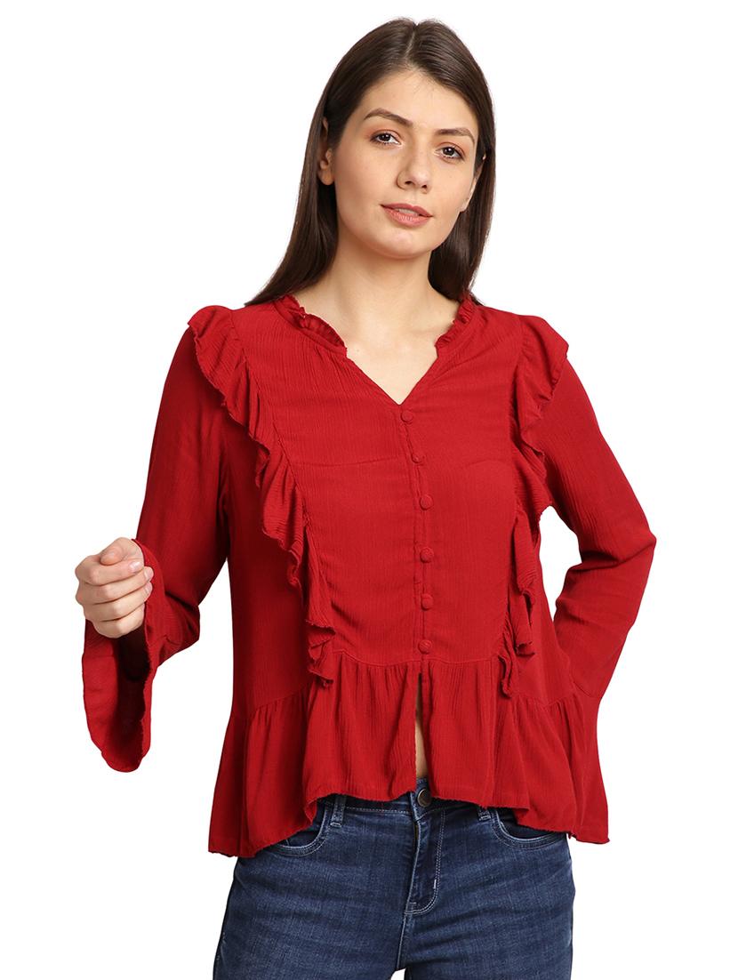 ruffled detailed solid button up regular top - 17948219 - Zoom Image - 1