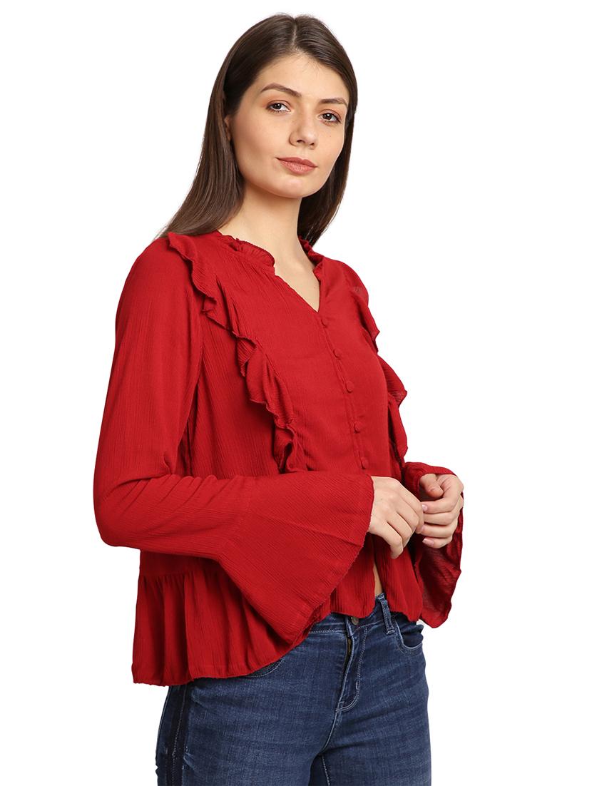 ruffled detailed solid button up regular top - 17948219 - Zoom Image - 2