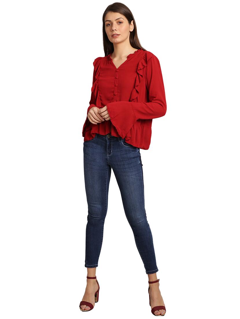 ruffled detailed solid button up regular top - 17948219 - Zoom Image - 4
