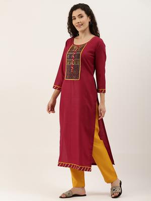 maroon cotton blend straight pant suits unstitched suit - 17949676 - Standard Image - 2