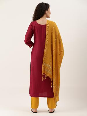 maroon cotton blend straight pant suits unstitched suit - 17949676 - Standard Image - 3