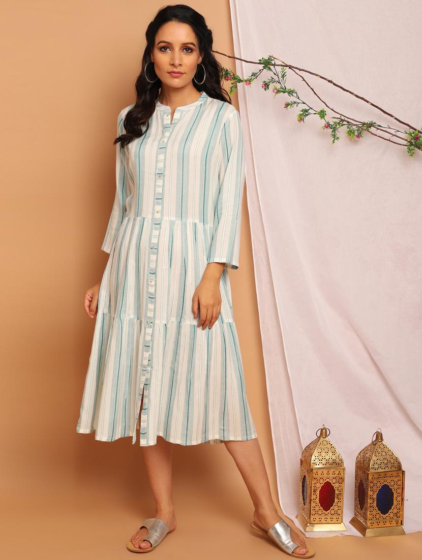 mandarin neck striped fit & flare dress - 17954758 - Zoom Image - 1