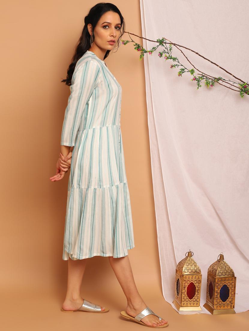 mandarin neck striped fit & flare dress - 17954758 - Zoom Image - 2