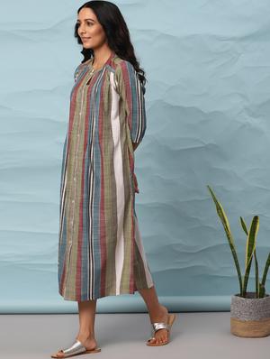mandarin neck striped a-line dress - 17954761 - Standard Image - 2