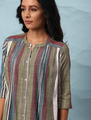 mandarin neck striped a-line dress - 17954761 - Standard Image - 4