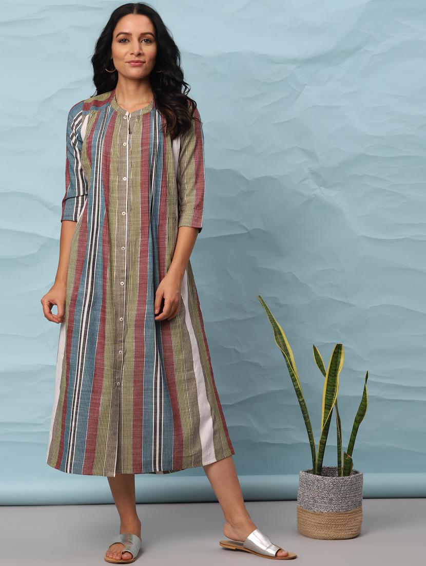 mandarin neck striped a-line dress - 17954761 - Zoom Image - 1