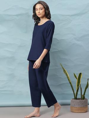 round neck solid nightwear pajama set - 17954772 - Standard Image - 2