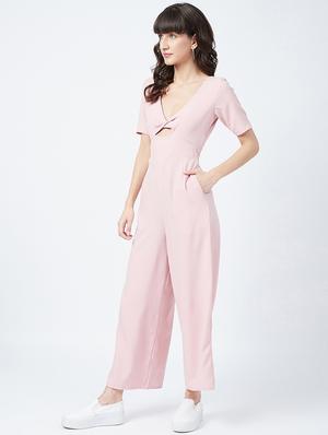 v-neck solid full leg jumpsuit - 17956105 - Standard Image - 2