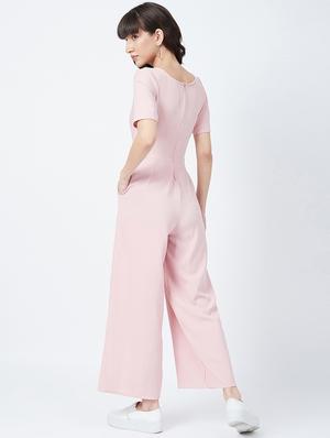 v-neck solid full leg jumpsuit - 17956105 - Standard Image - 3