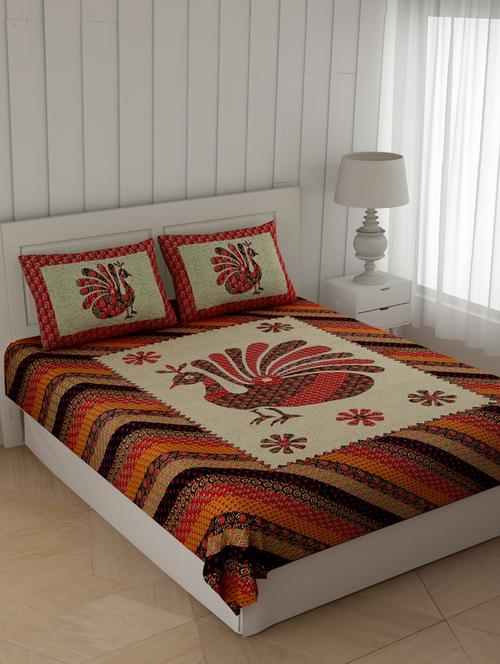 jaipurfabric bedsheet red ajrak print peacock double bedsheet - 17959266 - Very Small Image - 1