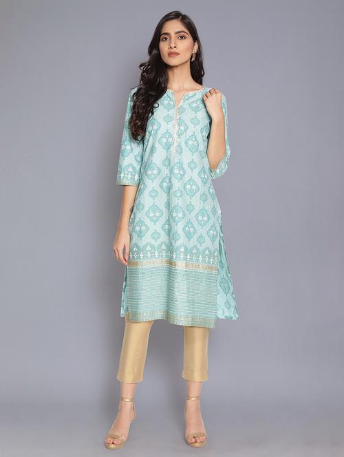 blue cotton straight kurta - 17960411 - Standard Image - 1