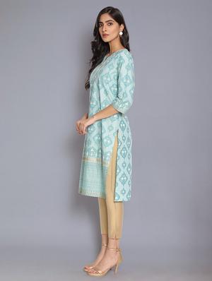 blue cotton straight kurta - 17960411 - Standard Image - 3
