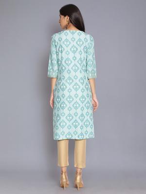 blue cotton straight kurta - 17960411 - Standard Image - 4