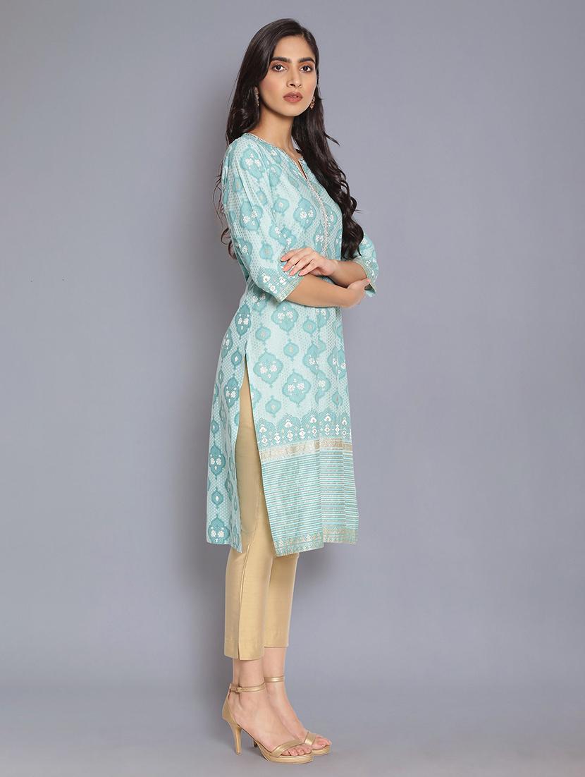 blue cotton straight kurta - 17960411 - Zoom Image - 2