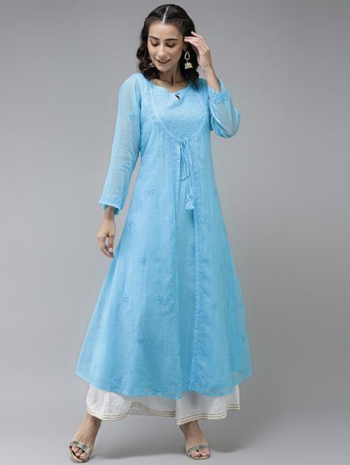 ada hand-embroidered blue chikankari a-line kurta - 17961249 - Standard Image - 1