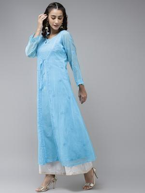 ada hand-embroidered blue chikankari a-line kurta - 17961249 - Standard Image - 2