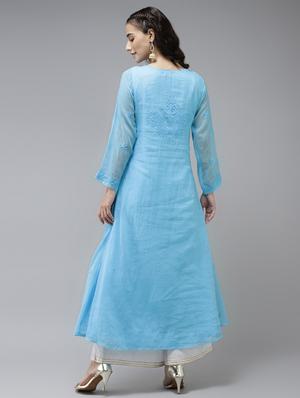 ada hand-embroidered blue chikankari a-line kurta - 17961249 - Standard Image - 3