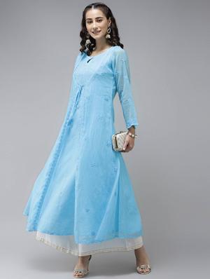 ada hand-embroidered blue chikankari a-line kurta - 17961249 - Standard Image - 4