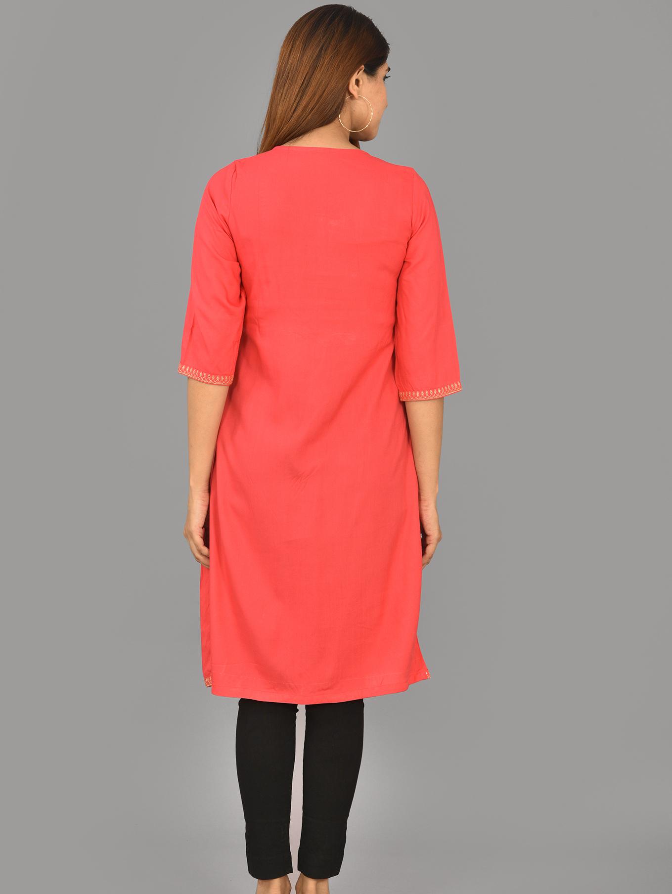 pink embroidary rayon frontslit kurti - 17961439 - Zoom Image - 2