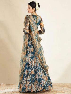 teal floral print semi-stitched flared lehenga choli with dupatta - 17963868 - Standard Image - 3