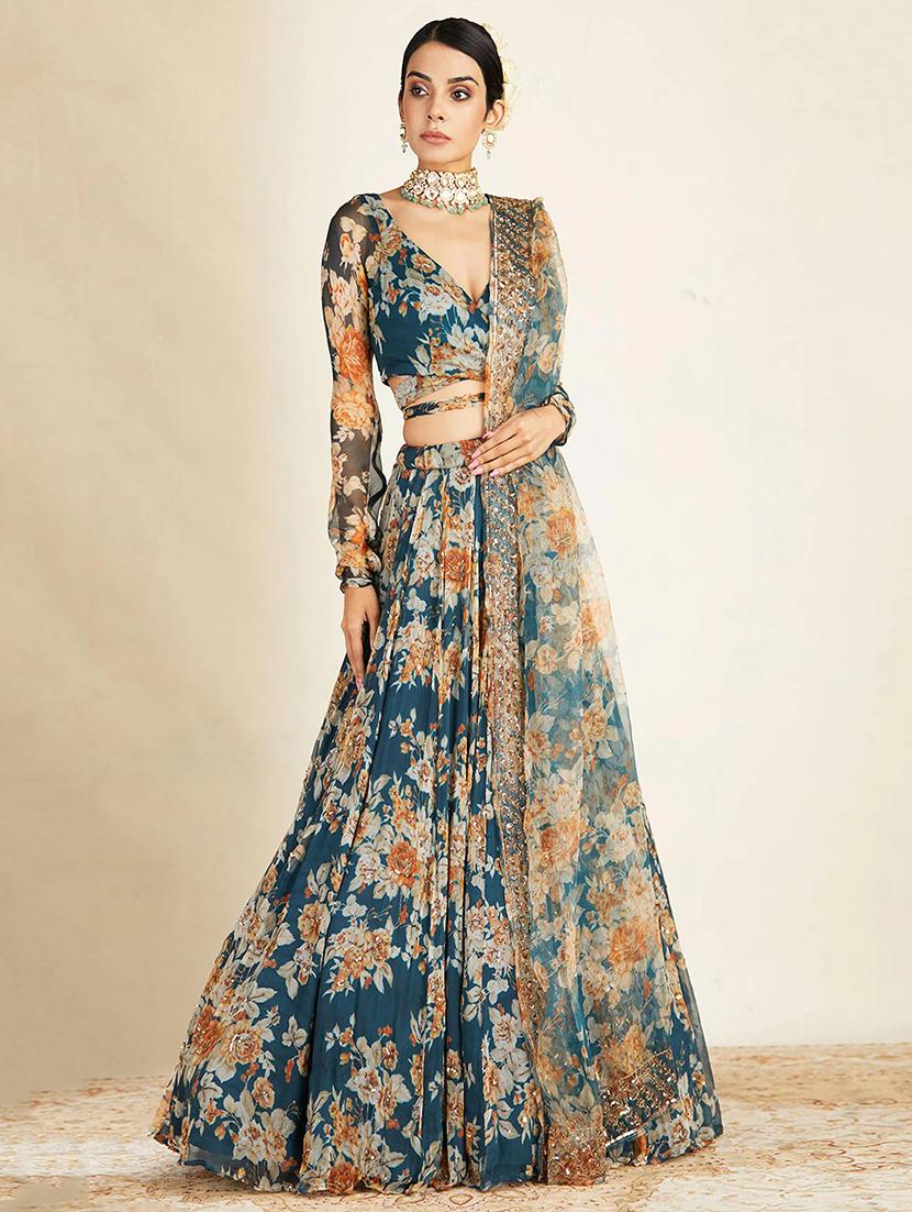 teal floral print semi-stitched flared lehenga choli with dupatta - 17963868 - Zoom Image - 1