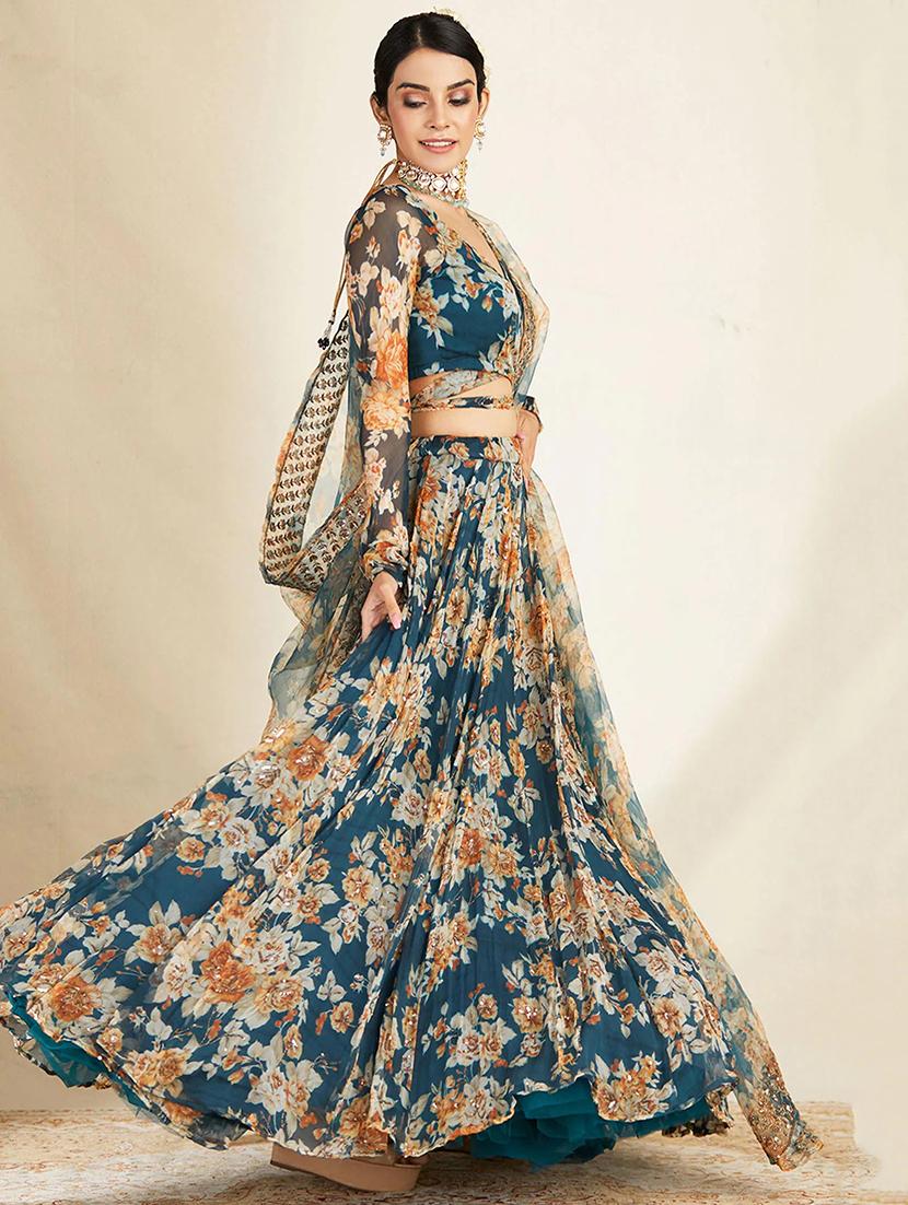 teal floral print semi-stitched flared lehenga choli with dupatta - 17963868 - Zoom Image - 2