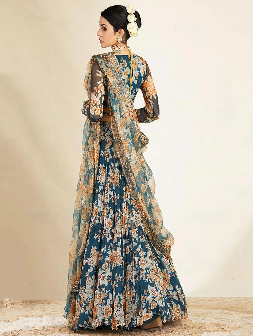 teal floral print semi-stitched flared lehenga choli with dupatta - 17963868 - Zoom Image - 3
