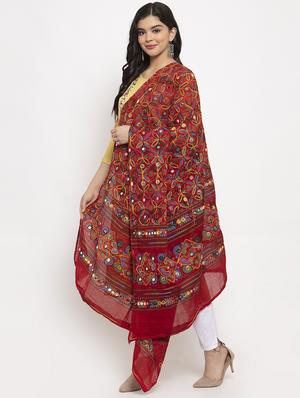 red cotton embroidered dupatta - 17970366 - Standard Image - 2