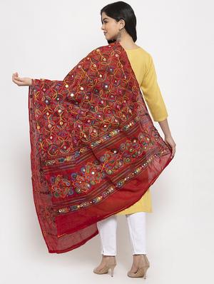 red cotton embroidered dupatta - 17970366 - Standard Image - 3