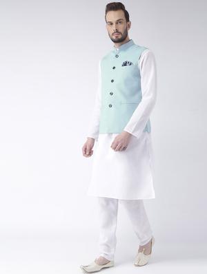 white solid kurta pyjama set with blue solid nehru jacket - 17976395 - Standard Image - 3