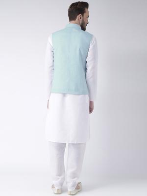 white solid kurta pyjama set with blue solid nehru jacket - 17976395 - Standard Image - 4