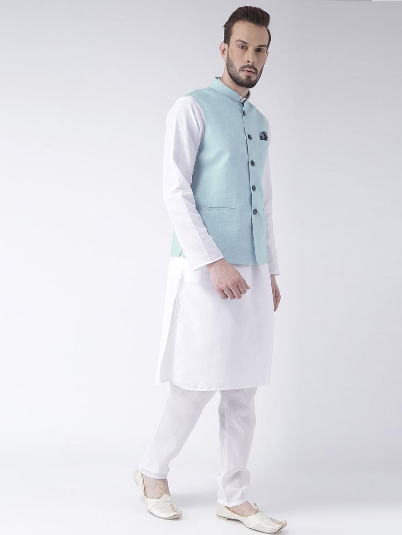 white solid kurta pyjama set with blue solid nehru jacket - 17976395 - Zoom Image - 2