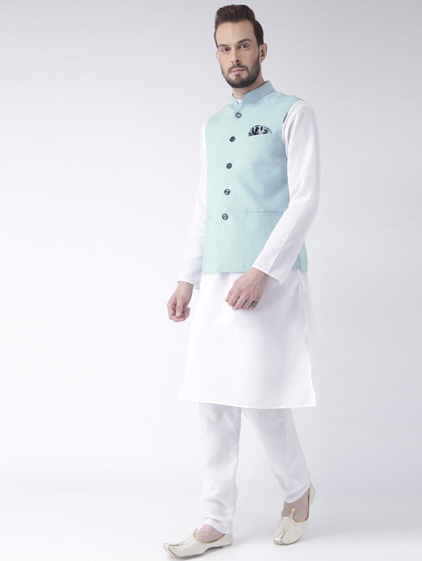 white solid kurta pyjama set with blue solid nehru jacket - 17976395 - Zoom Image - 3