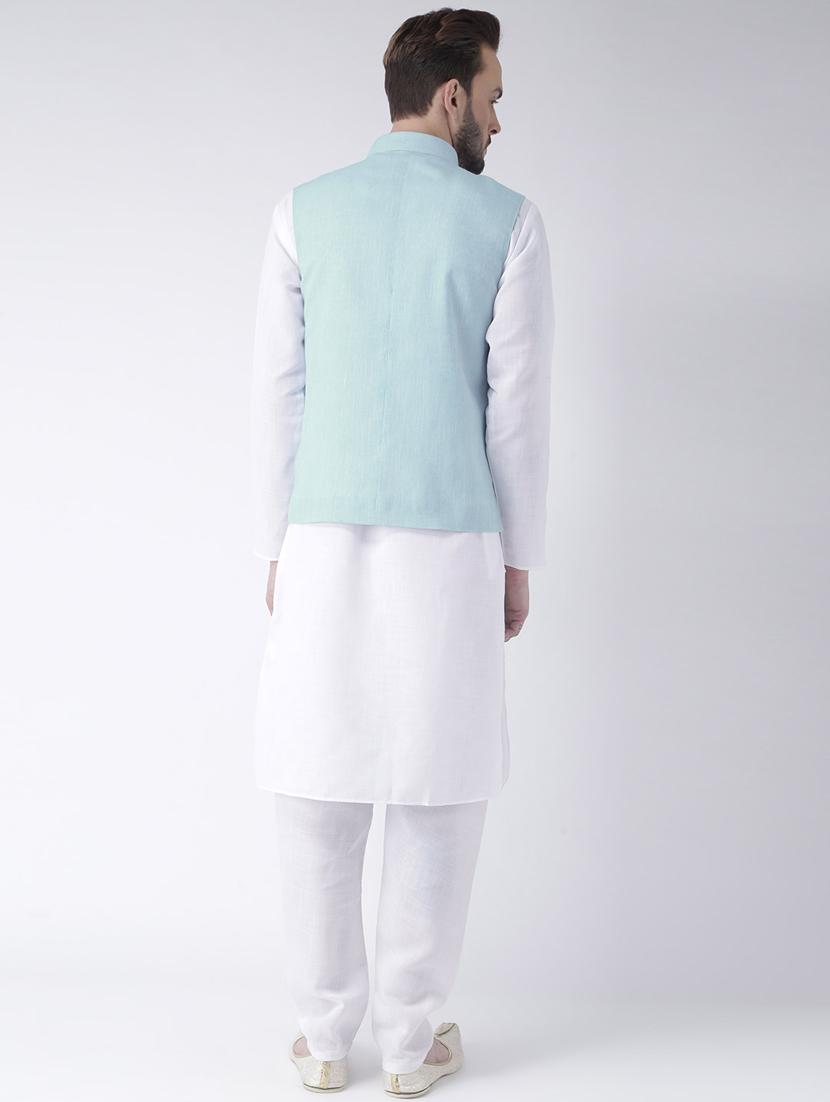 white solid kurta pyjama set with blue solid nehru jacket - 17976395 - Zoom Image - 4