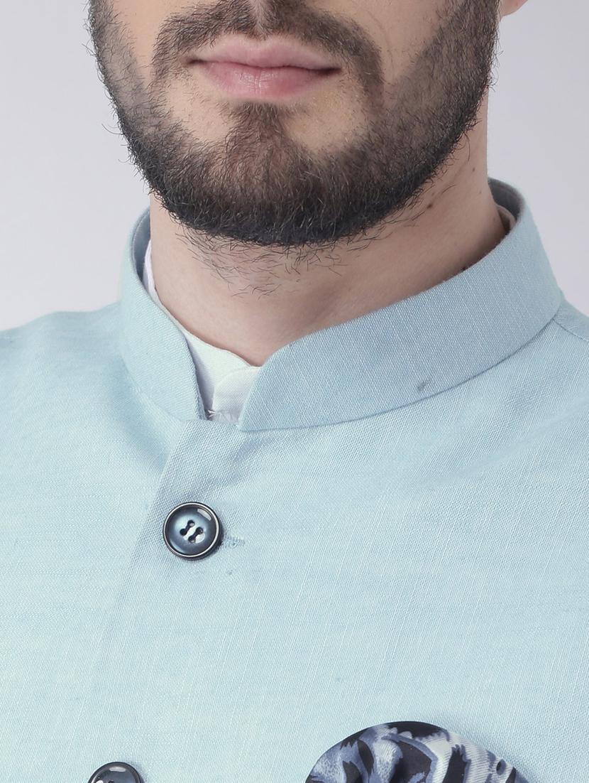 white solid kurta pyjama set with blue solid nehru jacket - 17976395 - Zoom Image - 5