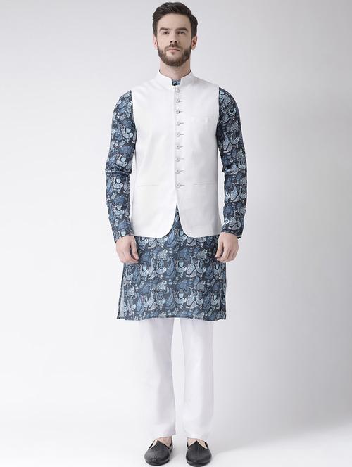 blue printed kurta pyjama set with white solid nehru jacket - 17976413 - Standard Image - 1