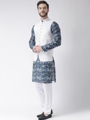 blue printed kurta pyjama set with white solid nehru jacket - 17976413 - Standard Image - 3