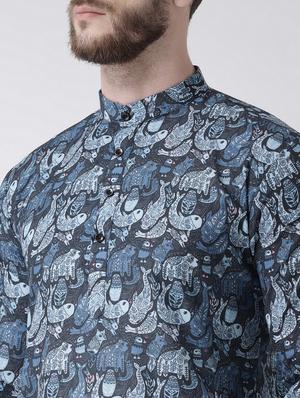 blue printed kurta pyjama set with white solid nehru jacket - 17976413 - Standard Image - 5
