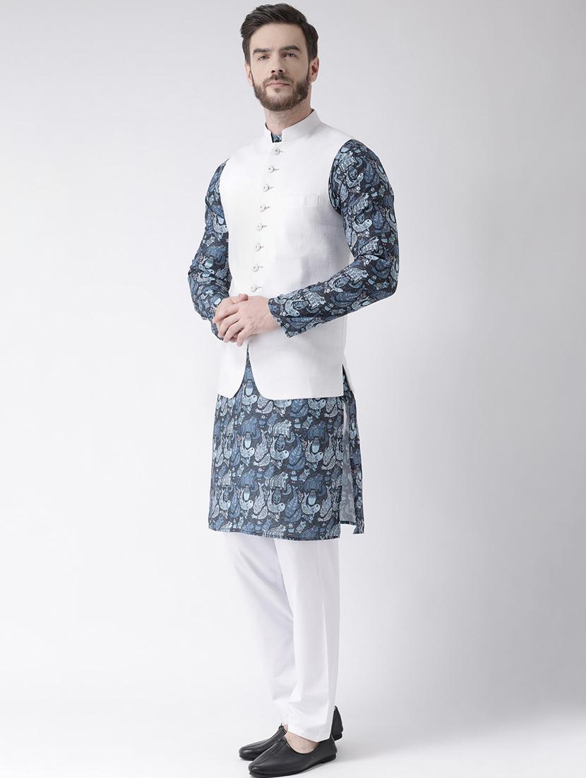 blue printed kurta pyjama set with white solid nehru jacket - 17976413 - Zoom Image - 3