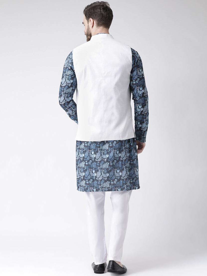 blue printed kurta pyjama set with white solid nehru jacket - 17976413 - Zoom Image - 4