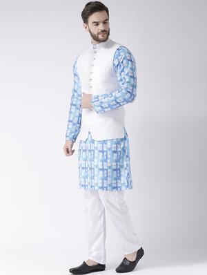 blue printed kurta pyjama set with white solid nehru jacket - 17976428 - Standard Image - 3