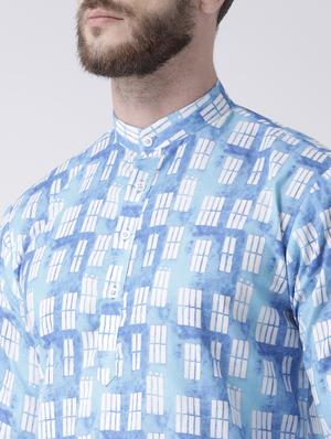 blue printed kurta pyjama set with white solid nehru jacket - 17976428 - Standard Image - 5
