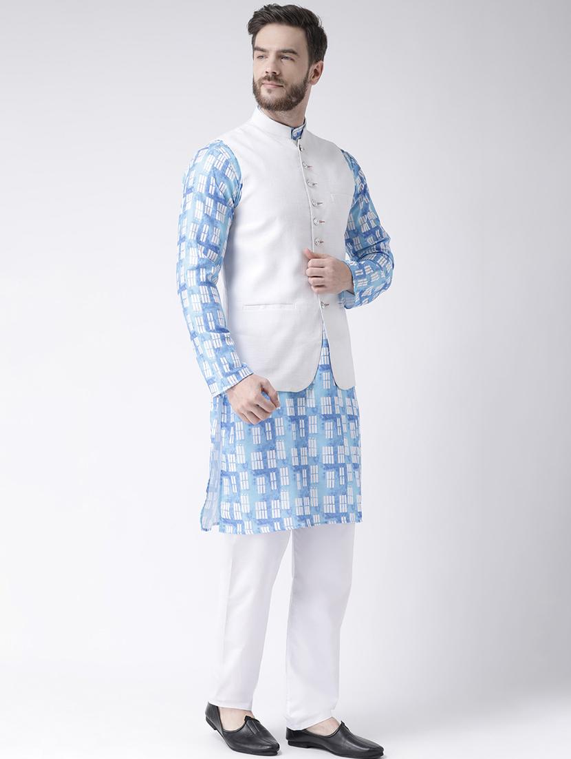 blue printed kurta pyjama set with white solid nehru jacket - 17976428 - Zoom Image - 2
