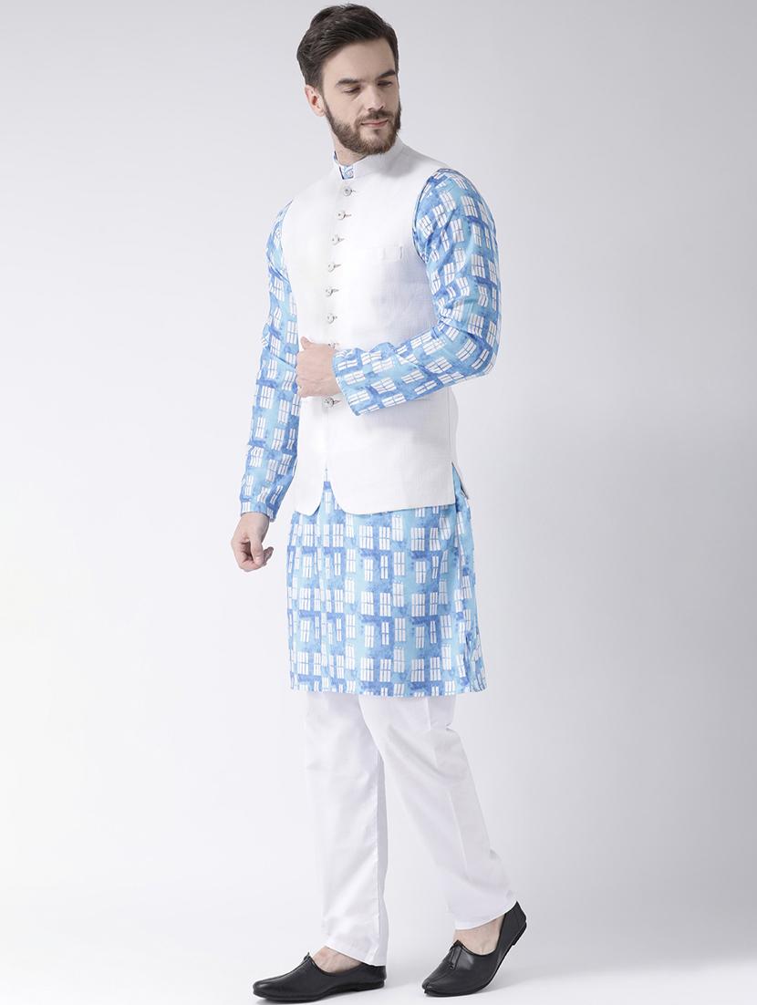 blue printed kurta pyjama set with white solid nehru jacket - 17976428 - Zoom Image - 3