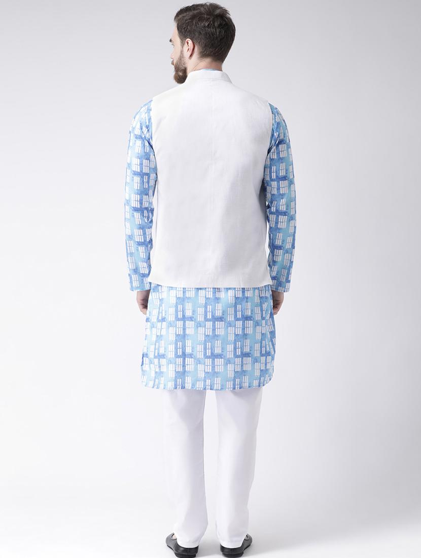 blue printed kurta pyjama set with white solid nehru jacket - 17976428 - Zoom Image - 4