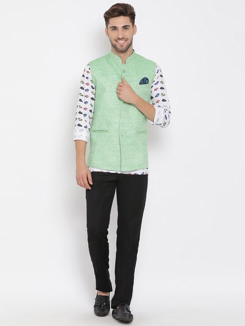 white printed linen kurta trouser set with solid nehru jacket - 17976439 - Standard Image - 1